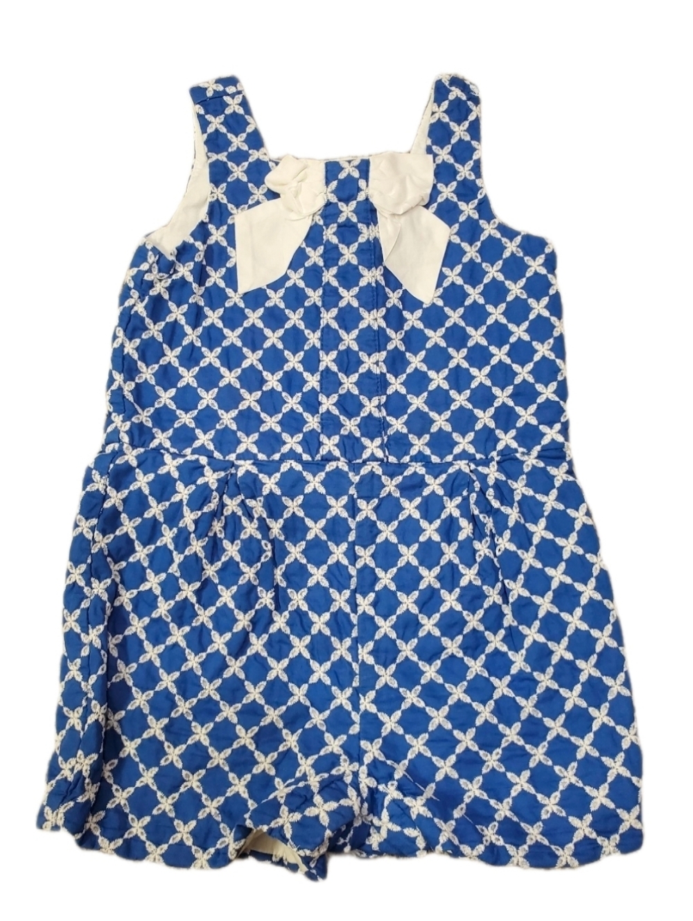 Janie and Jack Blue Geometric Sleeveless Romper with White Bow